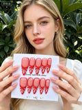 Hand Drawn Red & Nude Petal Design Stiletto Press On Nails | Two Tone French Handcrafted Fake Nails