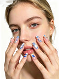 3D Hand Drawn Blue Flower Crystal Press On Nails | Nude Two Tone French Tip Luxury Rhinestone Coffin False Nails