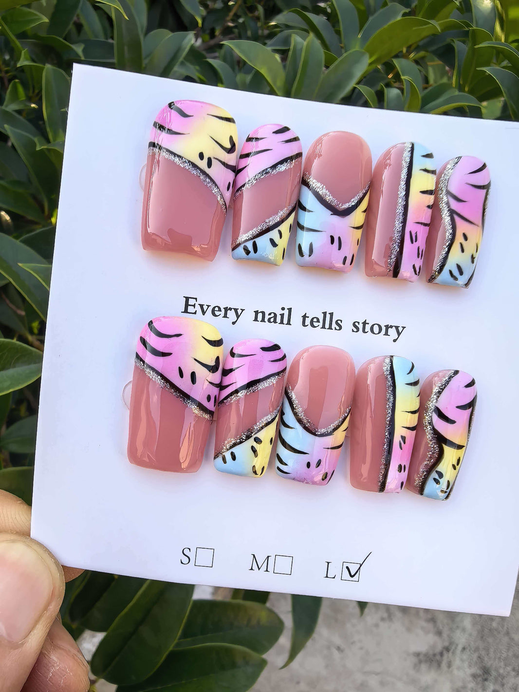 Rainbow Pastel Tiger Stripe French Press On Nails | Y2K Glitter Handmade Fake Nails