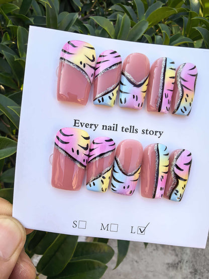 Rainbow Pastel Tiger Stripe French Press On Nails | Y2K Glitter Handmade Fake Nails