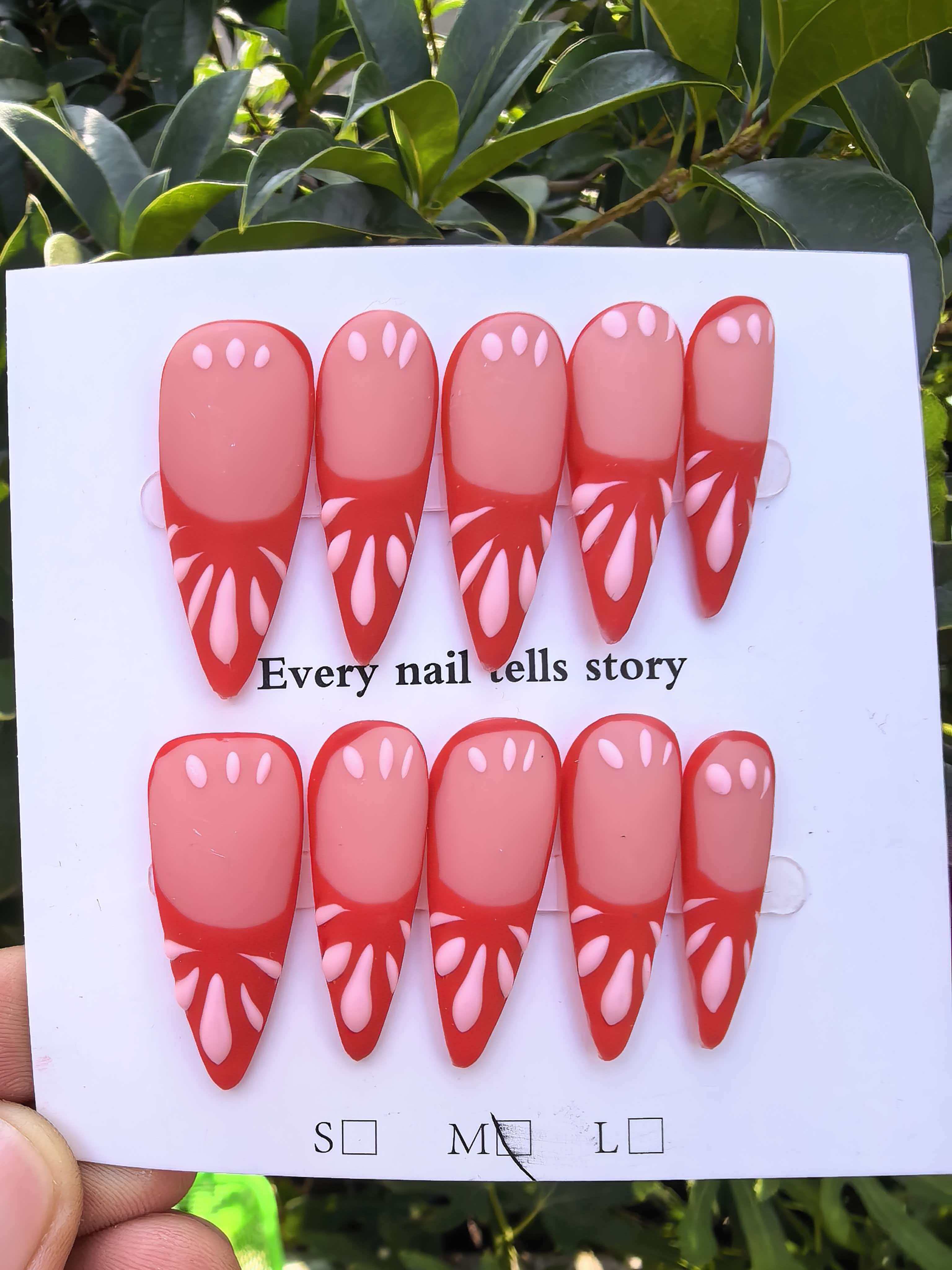 Hand Drawn Red & Nude Petal Design Stiletto Press On Nails | Two Tone French Handcrafted Fake Nails