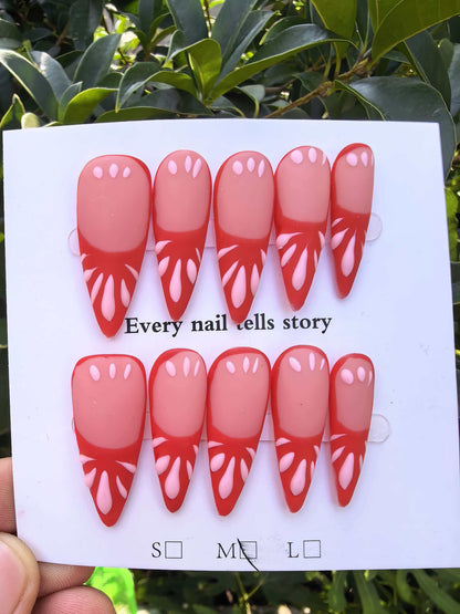 Hand Drawn Red & Nude Petal Design Stiletto Press On Nails | Two Tone French Handcrafted Fake Nails