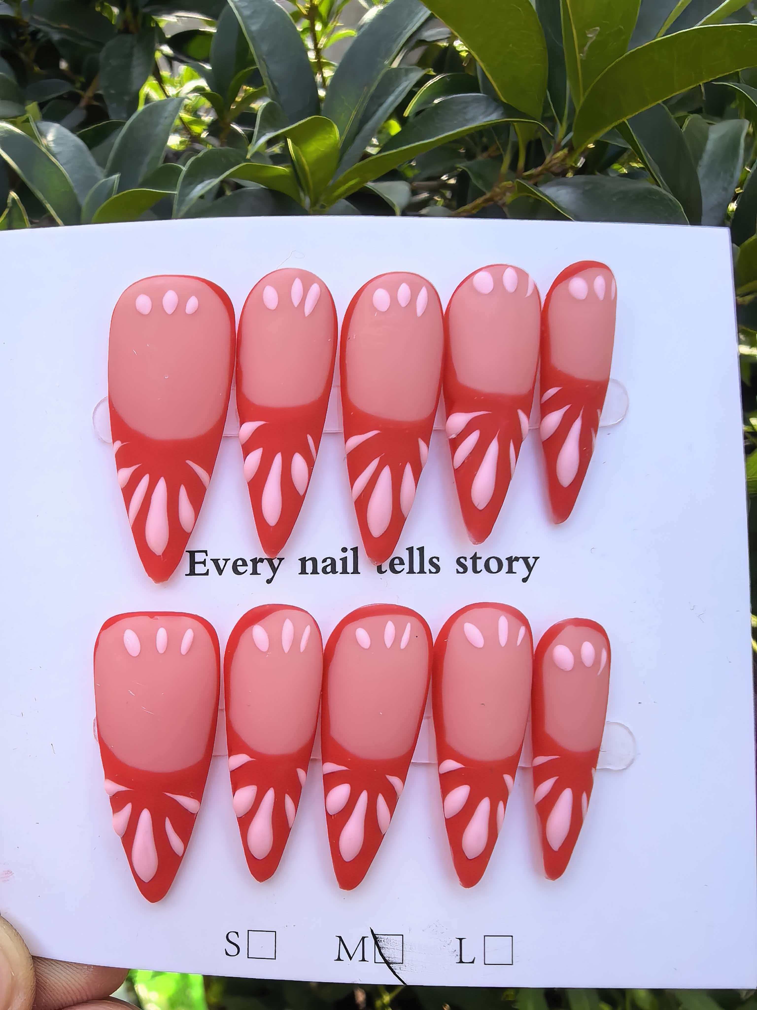 Hand Drawn Red & Nude Petal Design Stiletto Press On Nails | Two Tone French Handcrafted Fake Nails