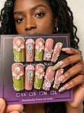 Luxury 3D Flower Crystal Bling Press On Nails, Nude Pink & Olive Green Handcrafted Coffin False Nails