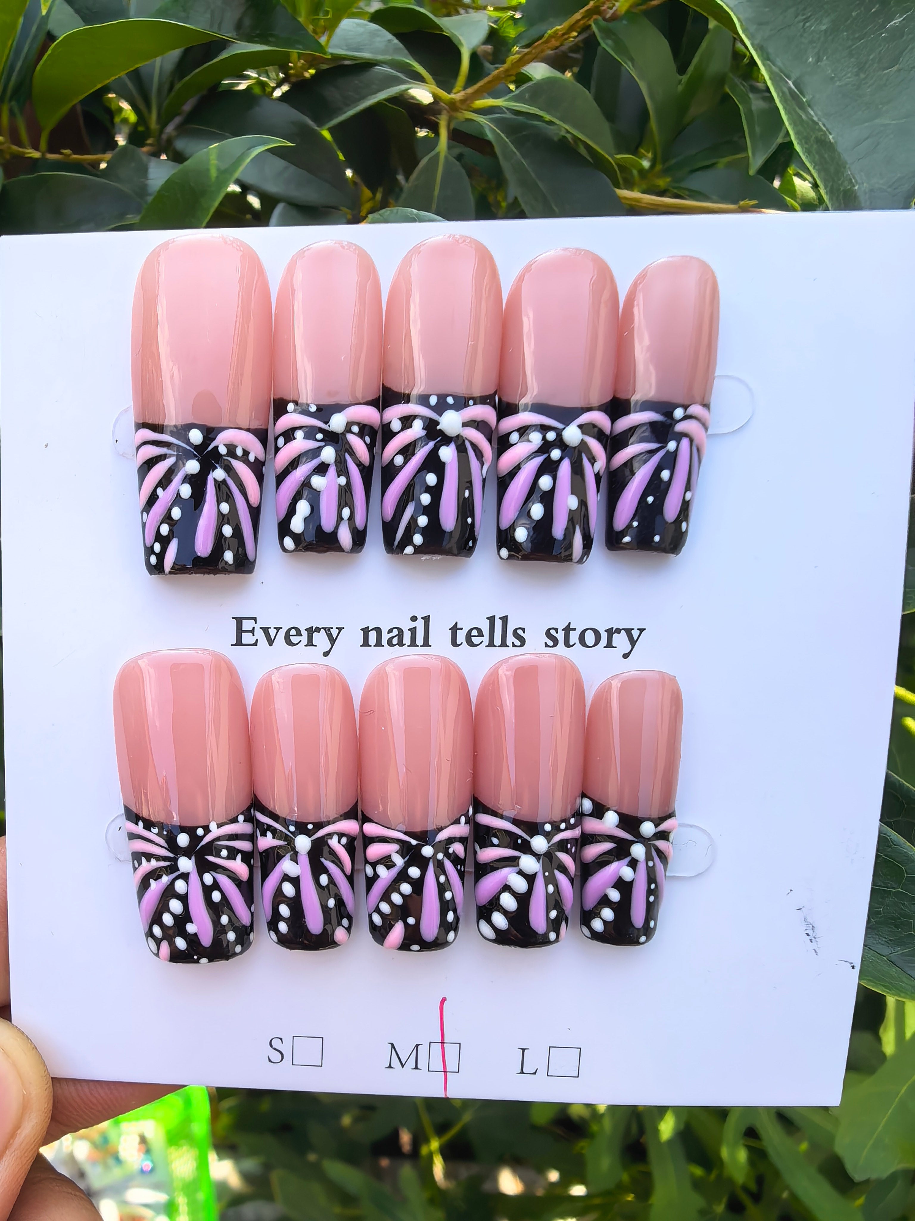 Hand-painted Lavender Fireworks Pattern Press On Nails | Nude & Black Two Tone Coffin French Tip False Nails