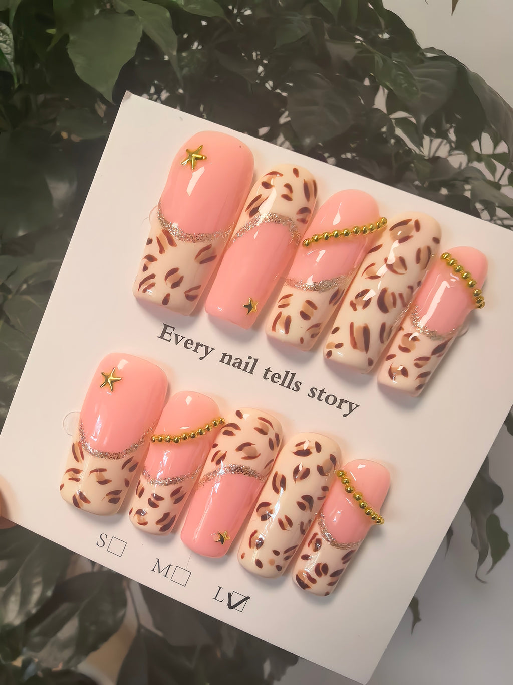 Cream Leopard Print Press On Nails | Luxury Gold Chain Decor False Nails