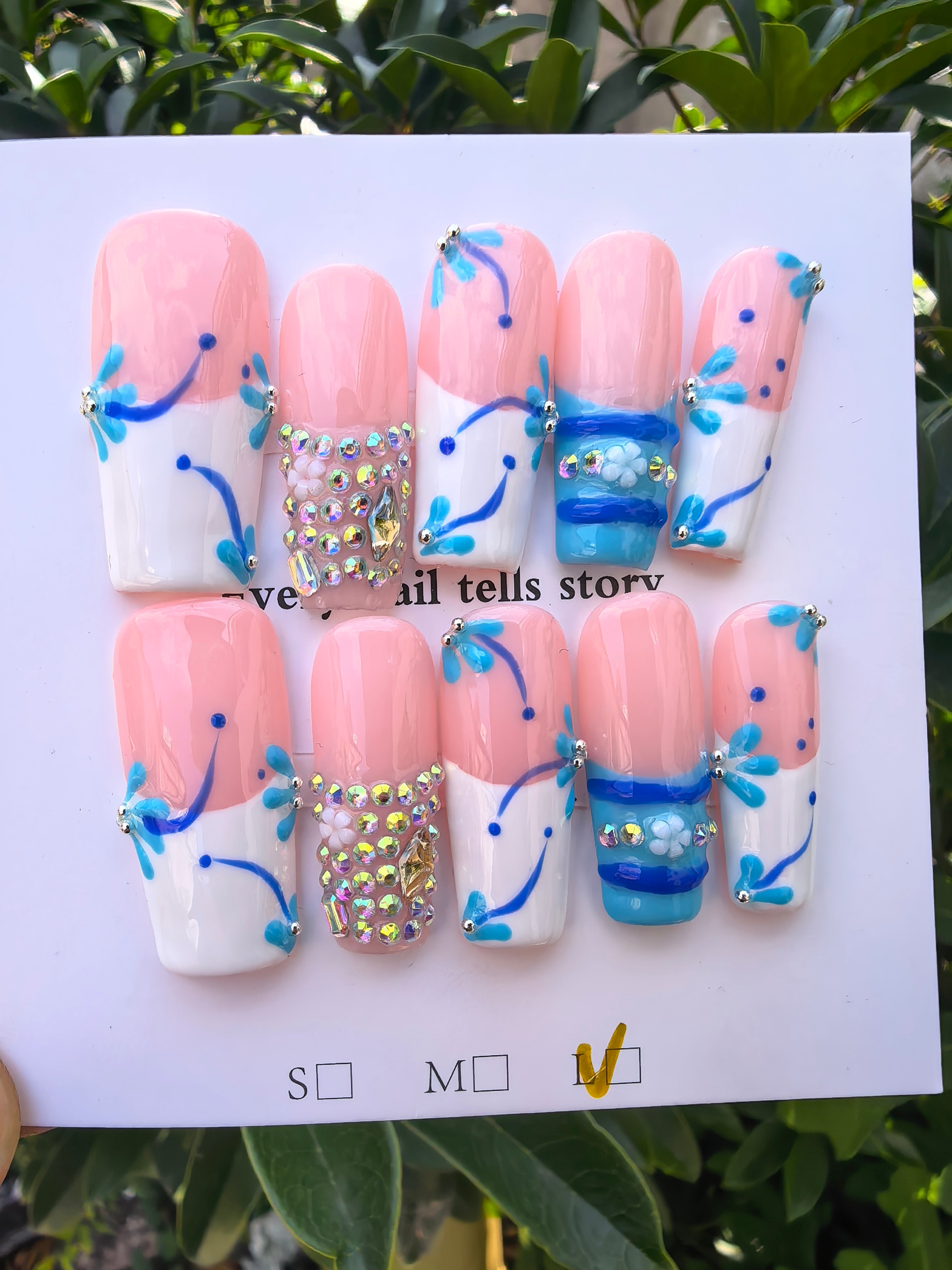 3D Hand Drawn Blue Flower Crystal Press On Nails | Nude Two Tone French Tip Luxury Rhinestone Coffin False Nails