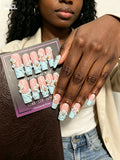 Hand Sculpted 3D White Flower Press On Nails | Pastel Blue French Tip Nude Coffin Fake Nails