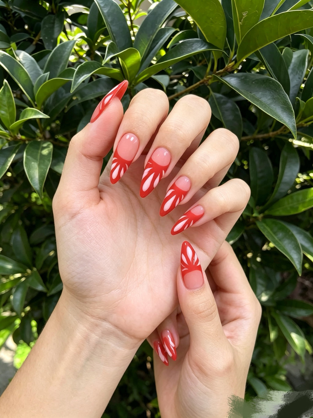 Hand Drawn Red & Nude Petal Design Stiletto Press On Nails | Two Tone French Handcrafted Fake Nails