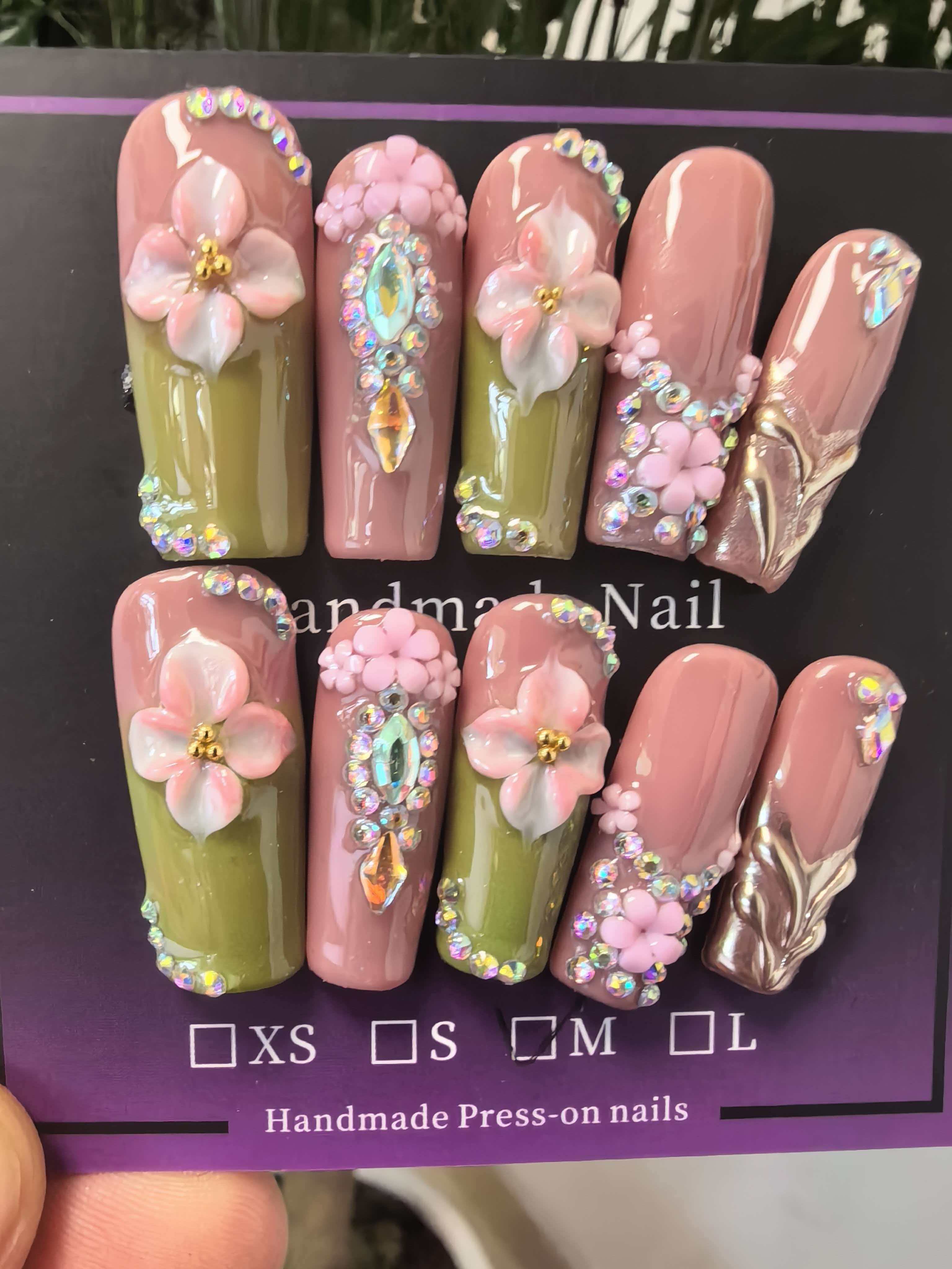 Luxury 3D Flower Crystal Bling Press On Nails, Nude Pink & Olive Green Handcrafted Coffin False Nails