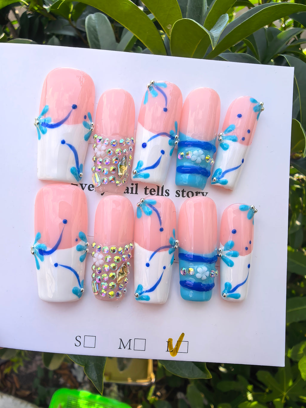 3D Hand Drawn Blue Flower Crystal Press On Nails | Nude Two Tone French Tip Luxury Rhinestone Coffin False Nails
