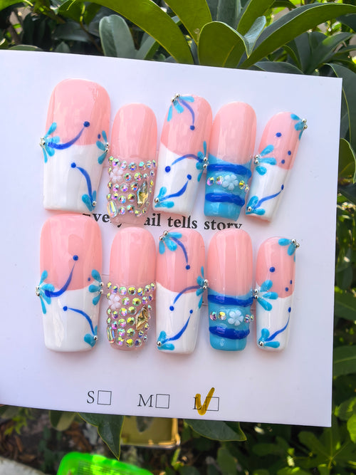 3D Hand Drawn Blue Flower Crystal Press On Nails | Nude Two Tone French Tip Luxury Rhinestone Coffin False Nails