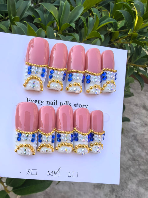 Bling Baroque Pearl Gem French Press On Nails | Handmade Designer Stick On Nails