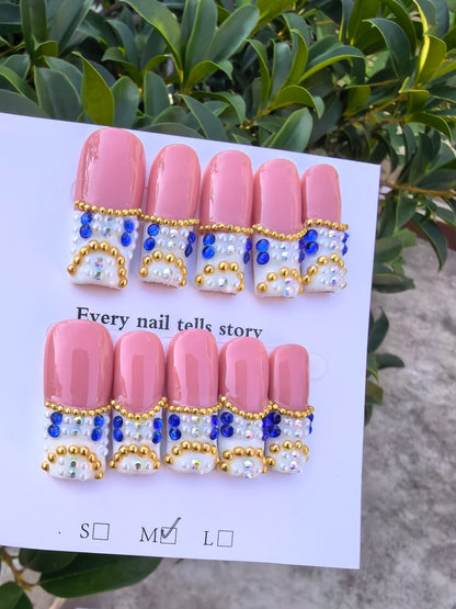 Bling Baroque Pearl Gem French Press On Nails | Handmade Designer Stick On Nails