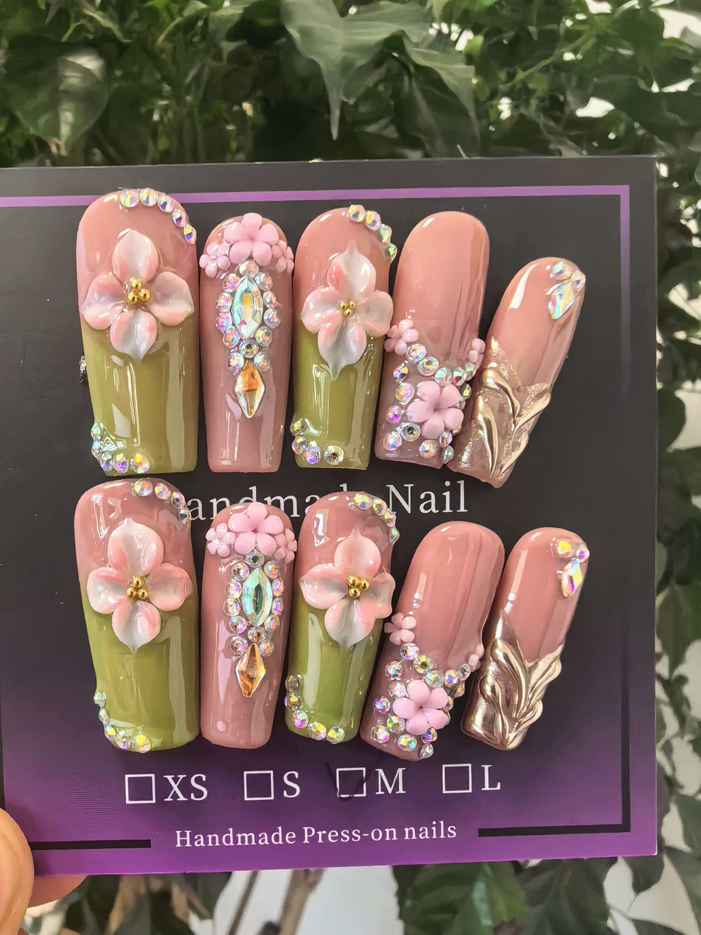 Luxury 3D Flower Crystal Bling Press On Nails, Nude Pink & Olive Green Handcrafted Coffin False Nails