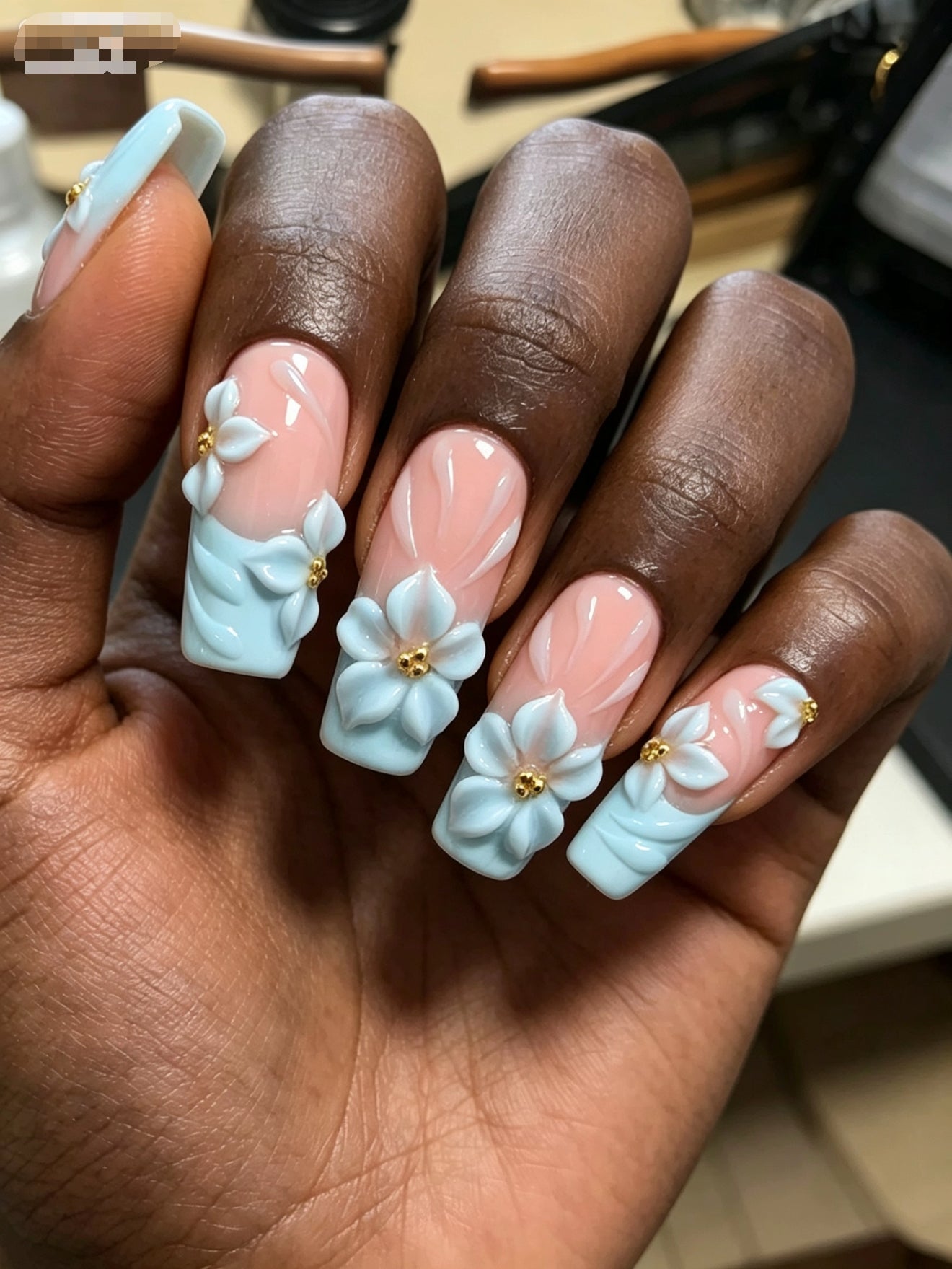Hand Sculpted 3D White Flower Press On Nails | Pastel Blue French Tip Nude Coffin Fake Nails