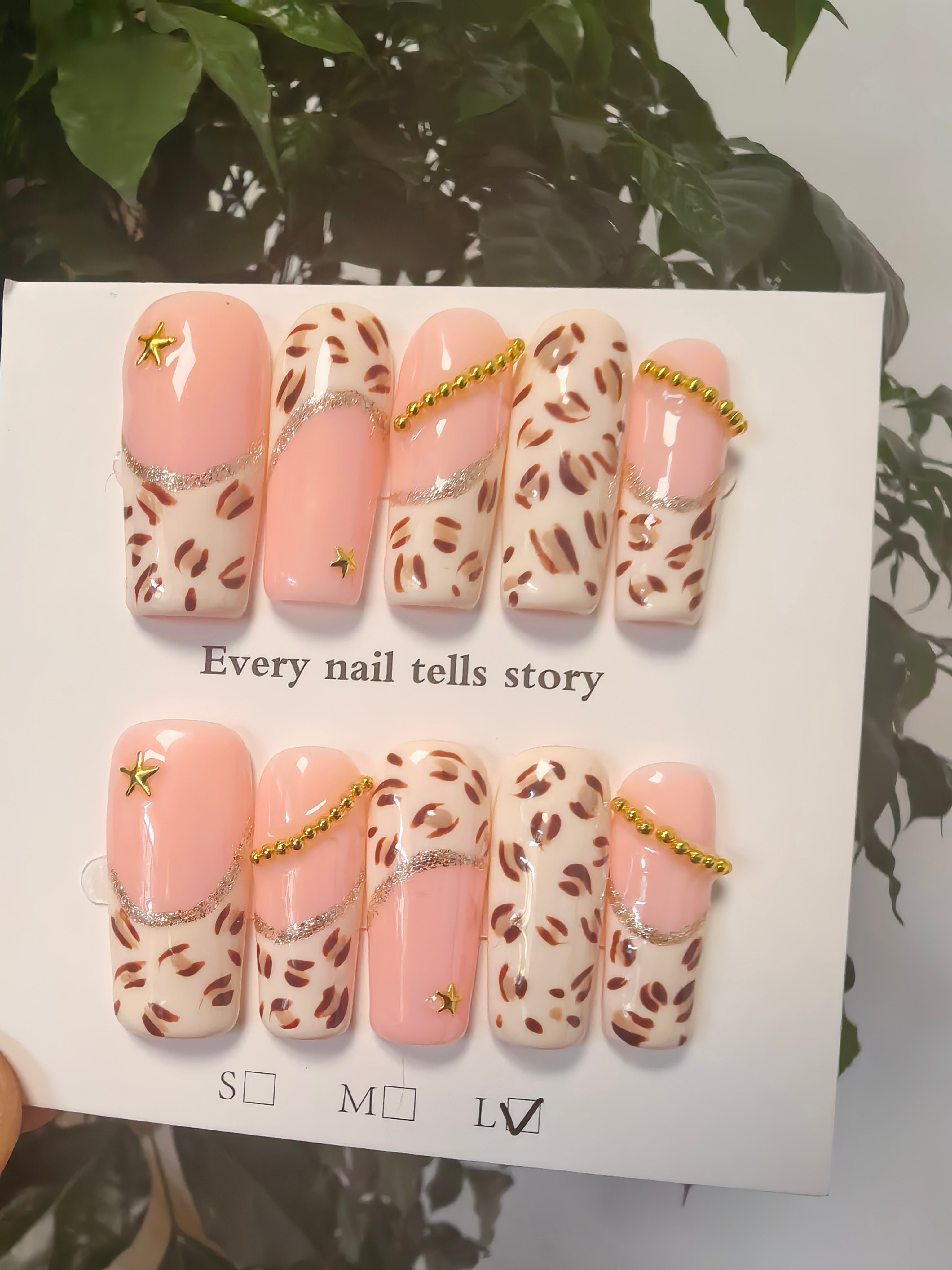 Cream Leopard Print Press On Nails | Luxury Gold Chain Decor False Nails