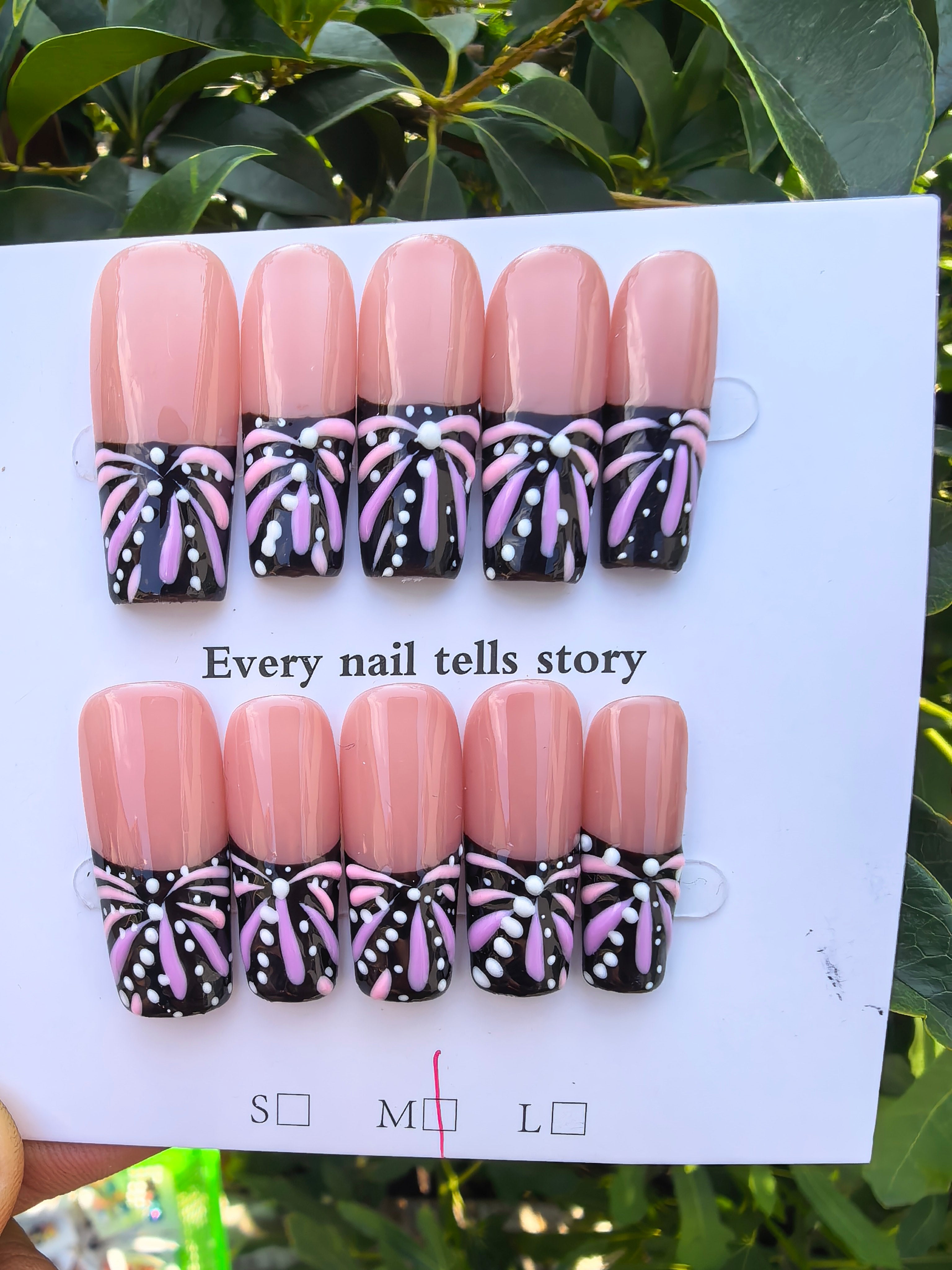 Hand-painted Lavender Fireworks Pattern Press On Nails | Nude & Black Two Tone Coffin French Tip False Nails
