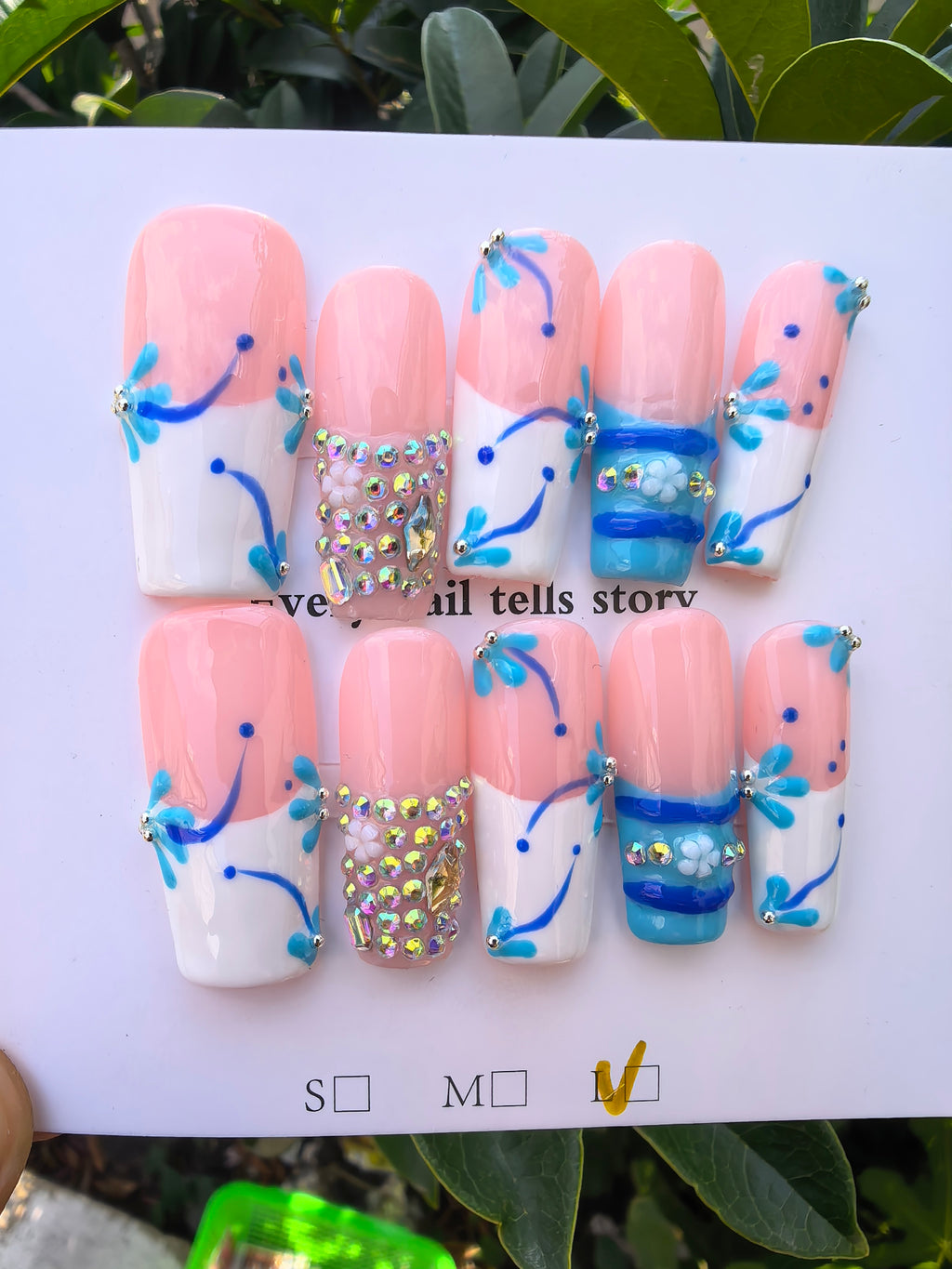 3D Hand Drawn Blue Flower Crystal Press On Nails | Nude Two Tone French Tip Luxury Rhinestone Coffin False Nails