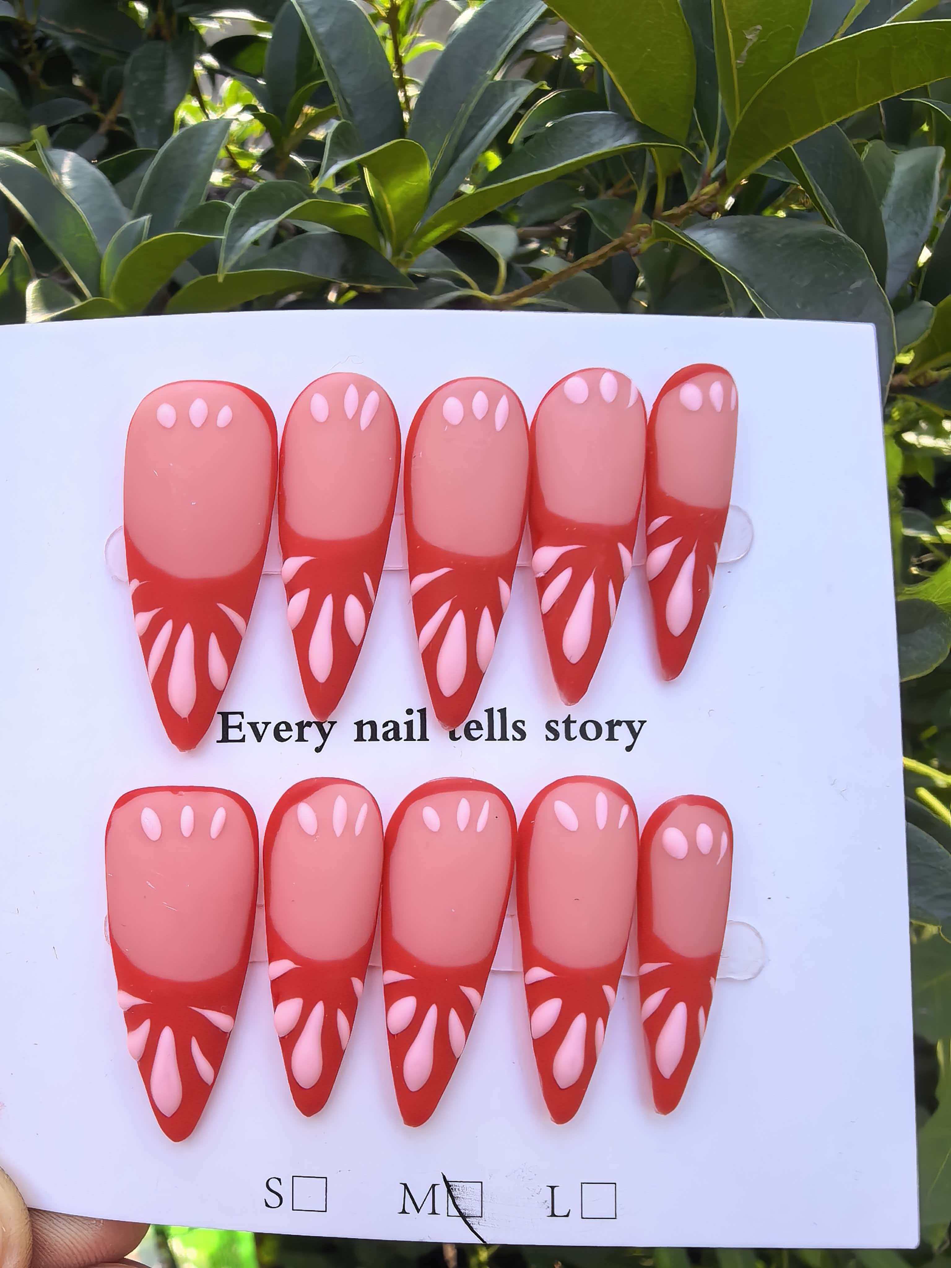Hand Drawn Red & Nude Petal Design Stiletto Press On Nails | Two Tone French Handcrafted Fake Nails
