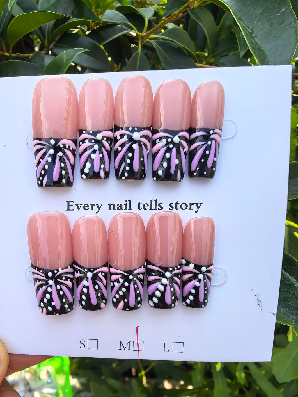 Hand-painted Lavender Fireworks Pattern Press On Nails | Nude & Black Two Tone Coffin French Tip False Nails