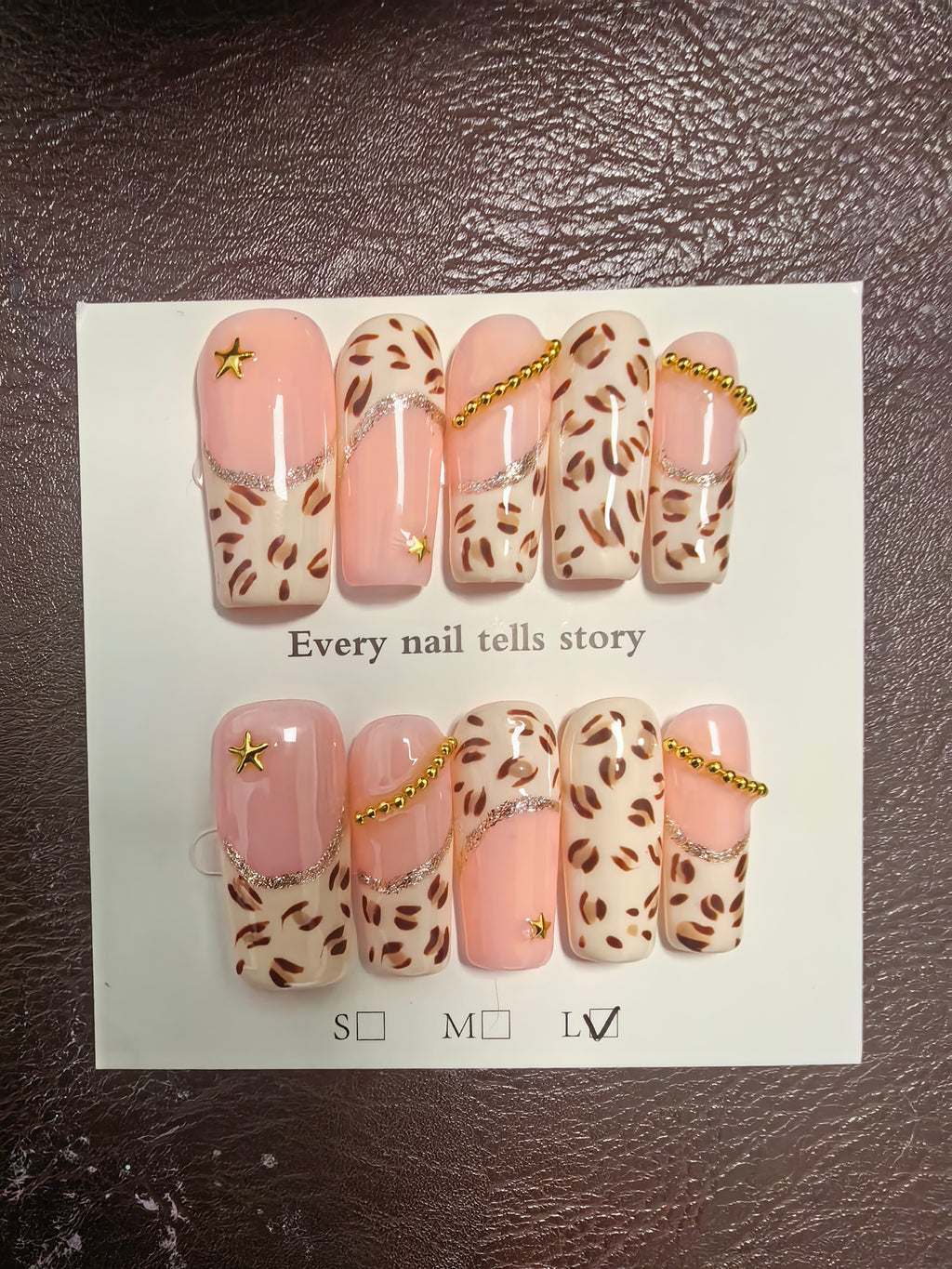 Cream Leopard Print Press On Nails | Luxury Gold Chain Decor False Nails