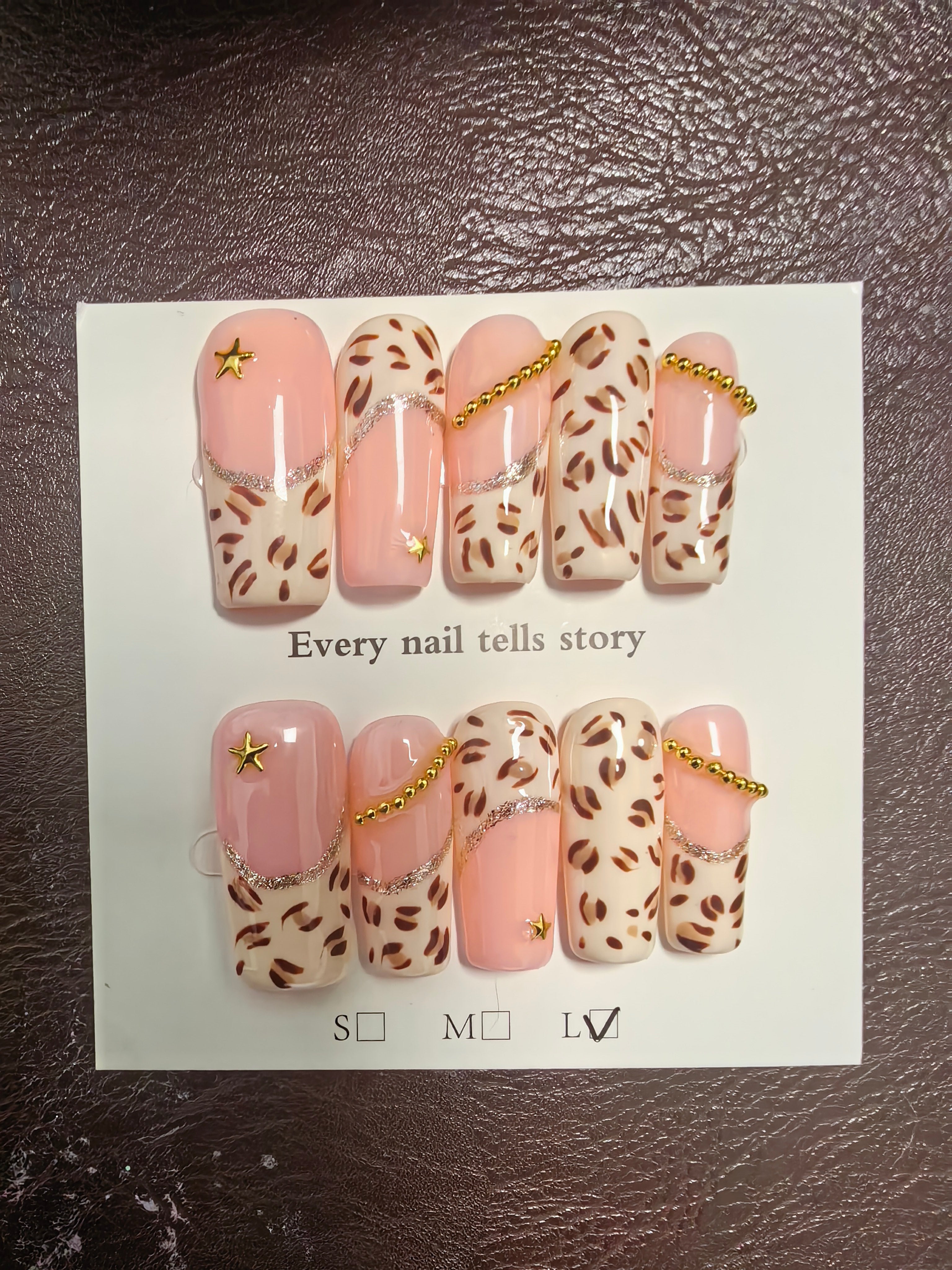 Cream Leopard Print Press On Nails | Luxury Gold Chain Decor False Nails