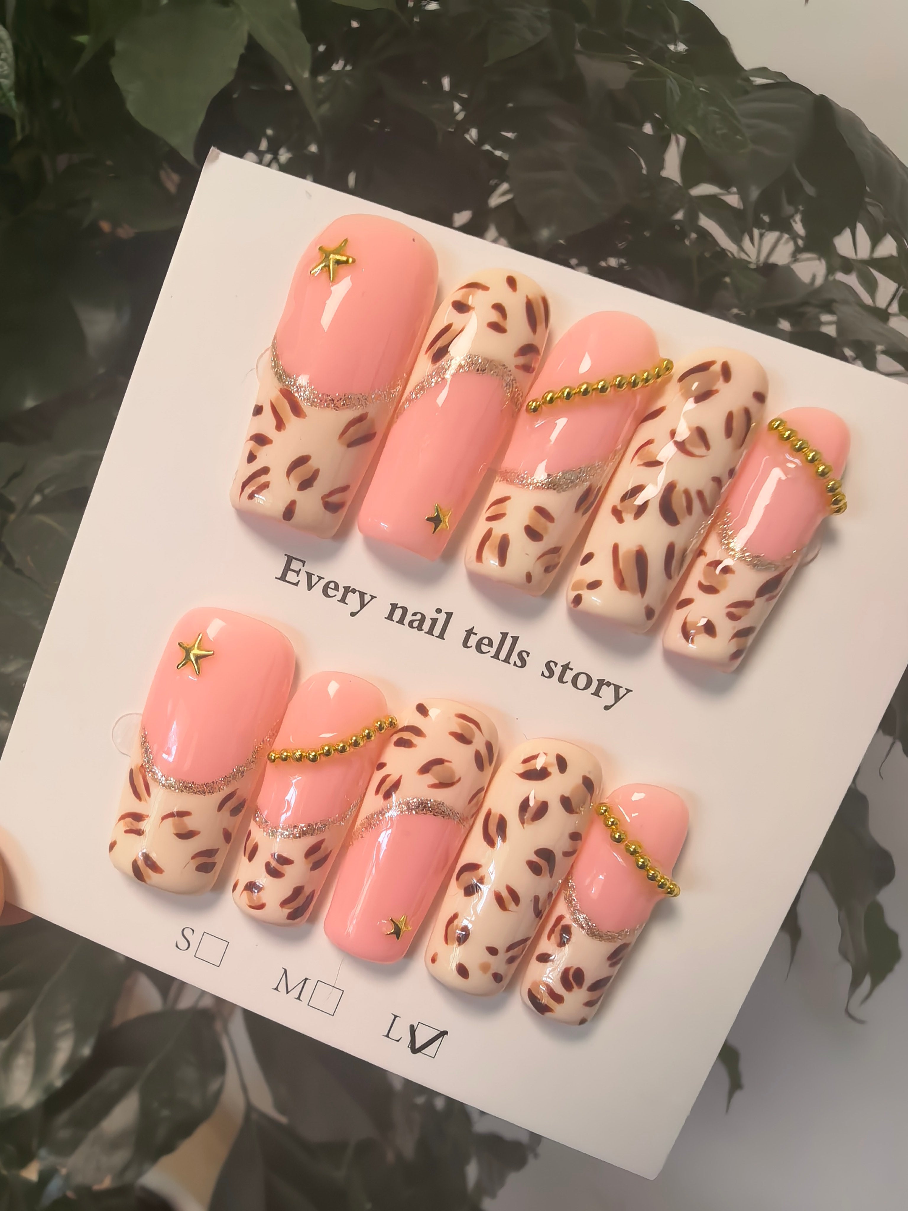 Cream Leopard Print Press On Nails | Luxury Gold Chain Decor False Nails