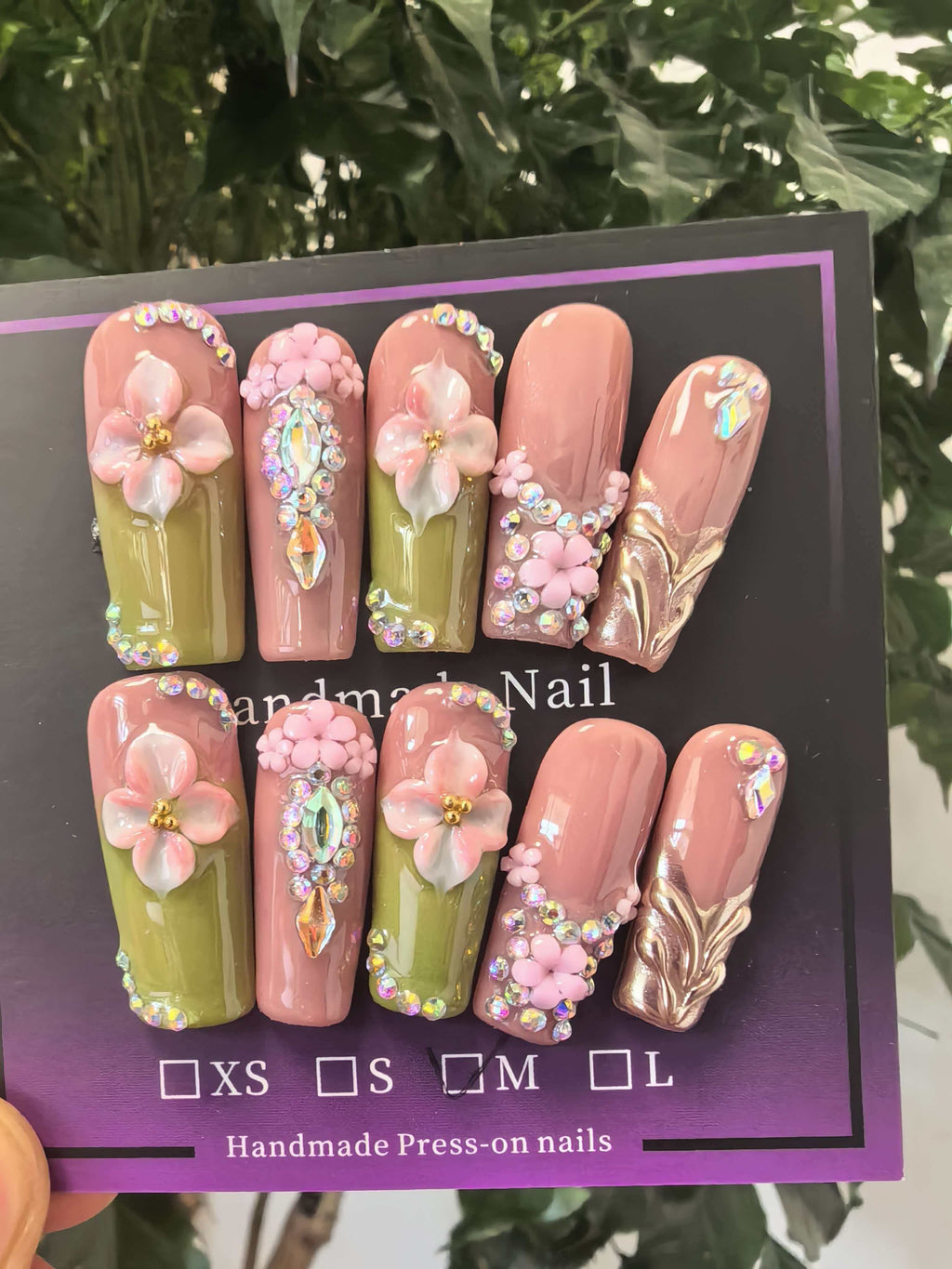 Luxury 3D Flower Crystal Bling Press On Nails, Nude Pink & Olive Green Handcrafted Coffin False Nails