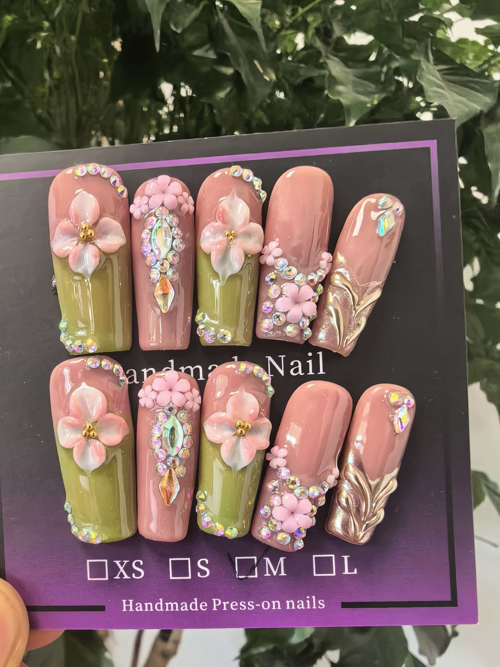 Luxury 3D Flower Crystal Bling Press On Nails, Nude Pink & Olive Green Handcrafted Coffin False Nails