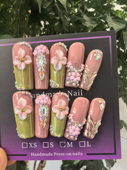 Luxury 3D Flower Crystal Bling Press On Nails, Nude Pink & Olive Green Handcrafted Coffin False Nails