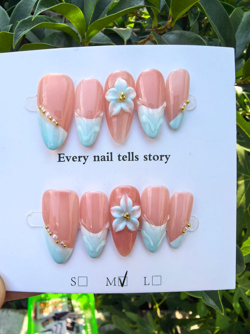 3D Hand Drawn Blue Flower Crystal Press On Nails | Nude Two Tone French Tip Luxury Rhinestone Coffin False Nails