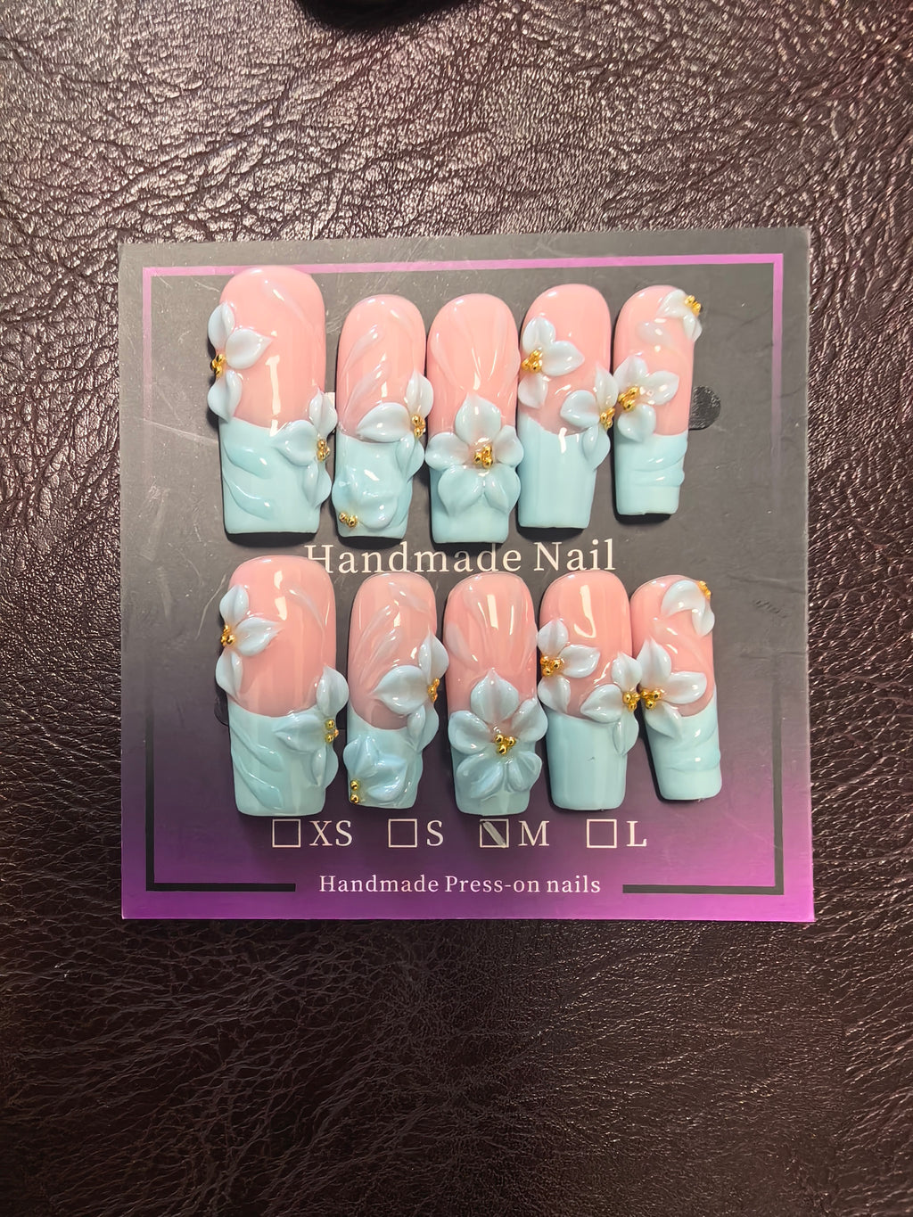 Hand Sculpted 3D White Flower Press On Nails | Pastel Blue French Tip Nude Coffin Fake Nails