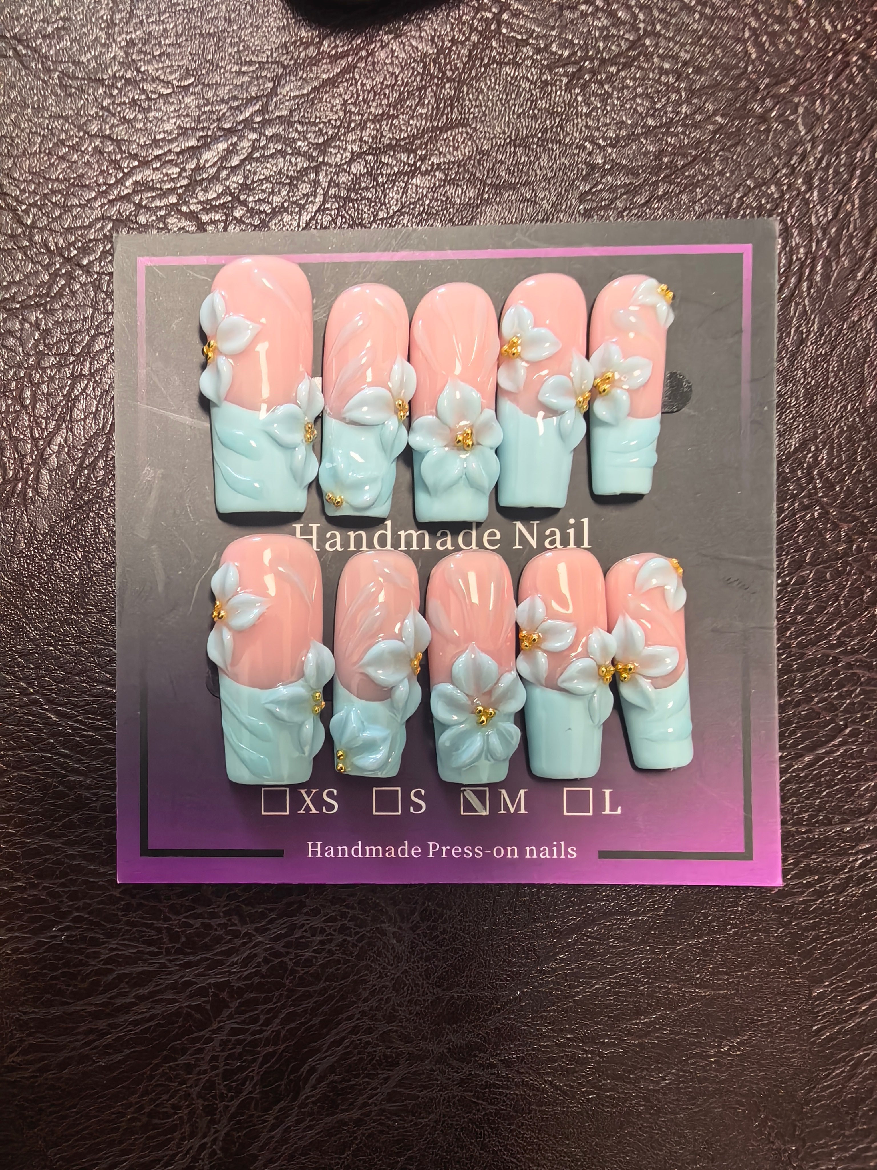 Hand Sculpted 3D White Flower Press On Nails | Pastel Blue French Tip Nude Coffin Fake Nails