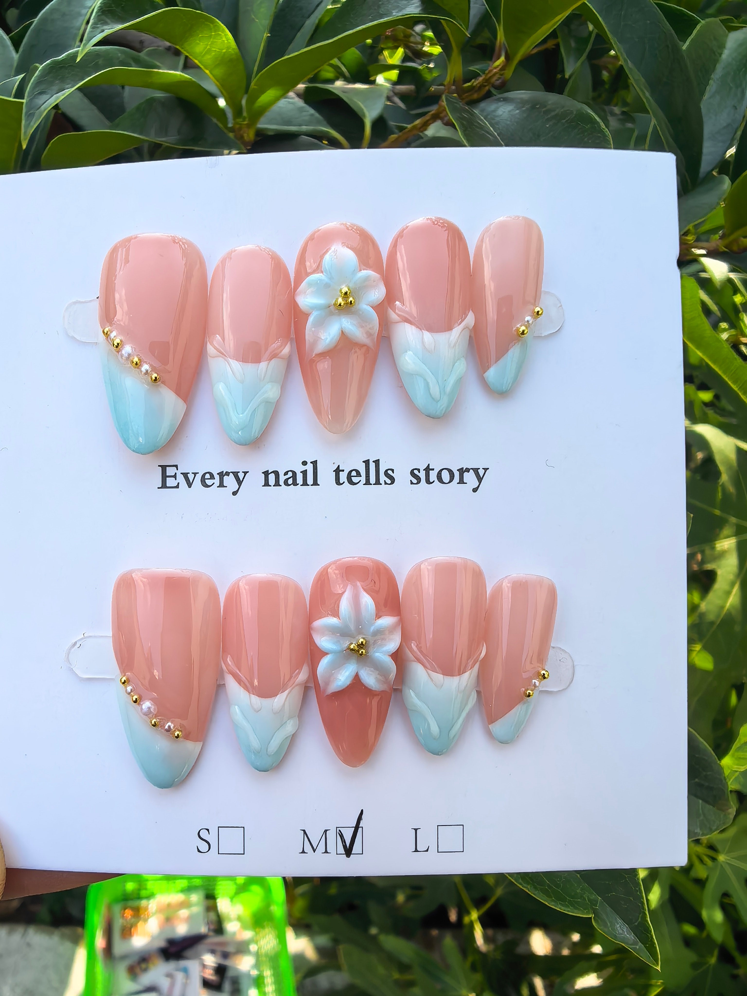 3D Hand Drawn Blue Flower Crystal Press On Nails | Nude Two Tone French Tip Luxury Rhinestone Coffin False Nails