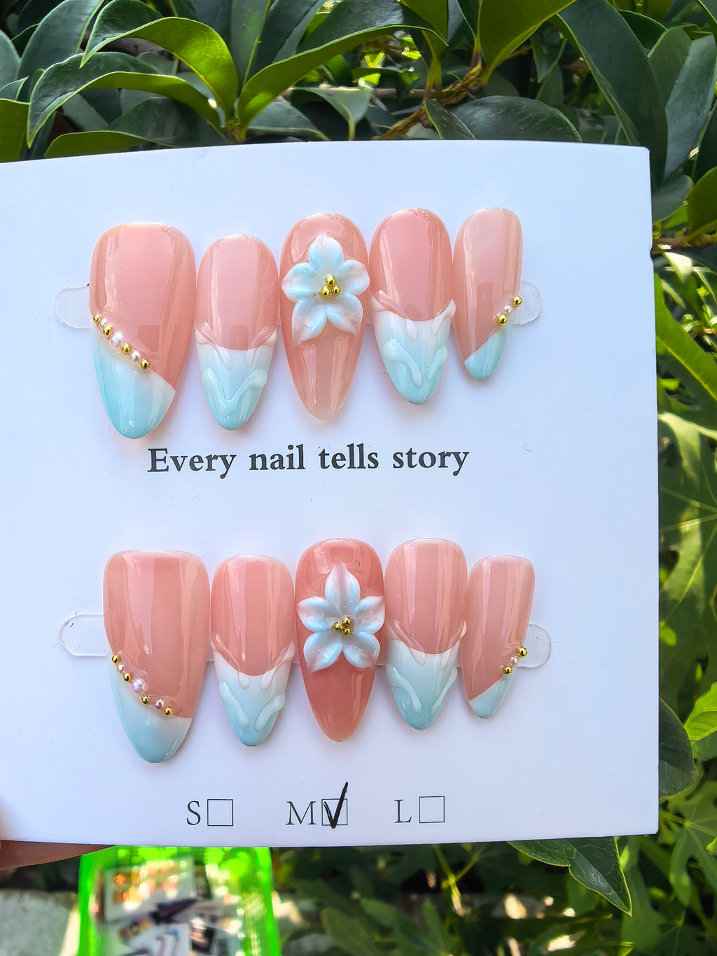 3D Hand Drawn Blue Flower Crystal Press On Nails | Nude Two Tone French Tip Luxury Rhinestone Coffin False Nails
