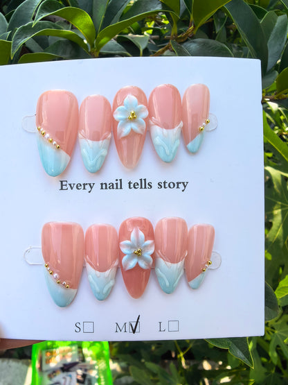 3D Hand Drawn Blue Flower Crystal Press On Nails | Nude Two Tone French Tip Luxury Rhinestone Coffin False Nails
