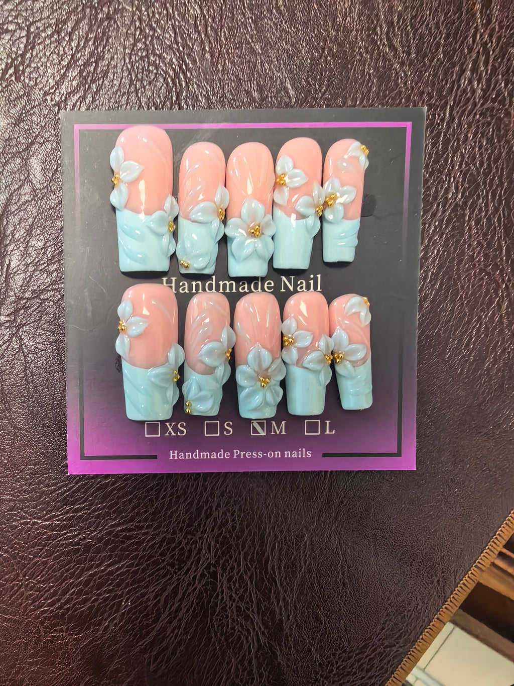 Hand Sculpted 3D White Flower Press On Nails | Pastel Blue French Tip Nude Coffin Fake Nails