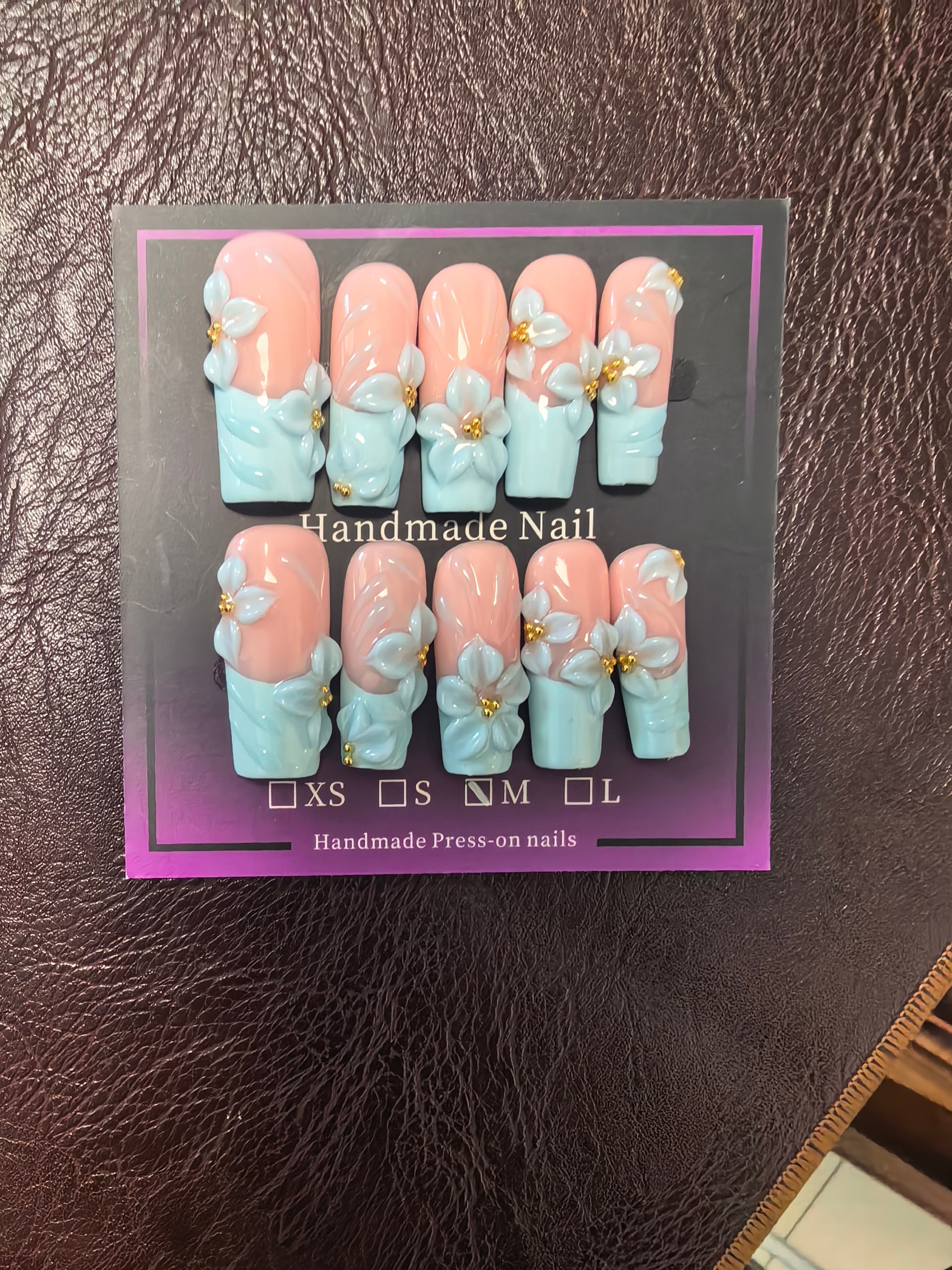 Hand Sculpted 3D White Flower Press On Nails | Pastel Blue French Tip Nude Coffin Fake Nails