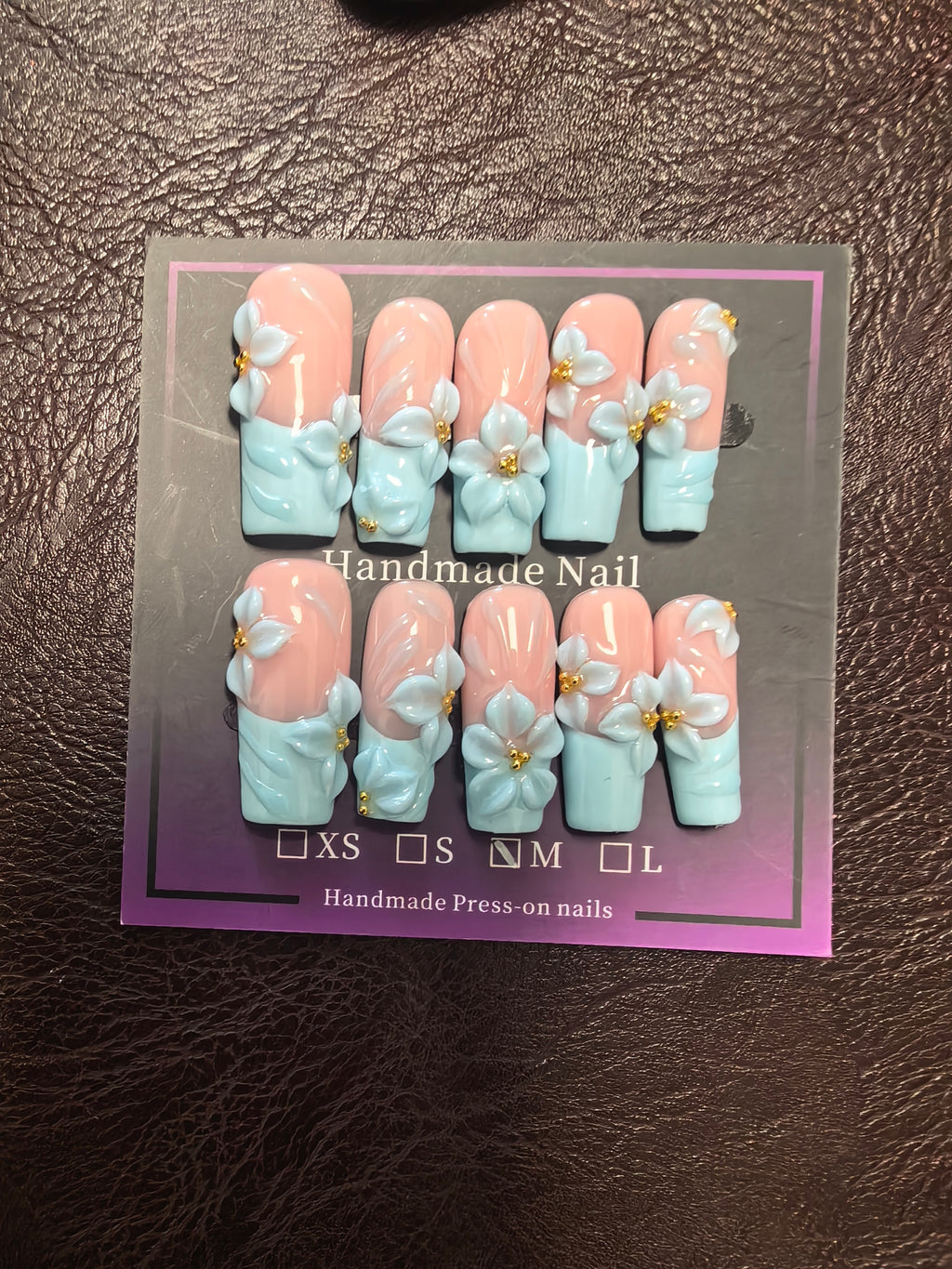 Hand Sculpted 3D White Flower Press On Nails | Pastel Blue French Tip Nude Coffin Fake Nails