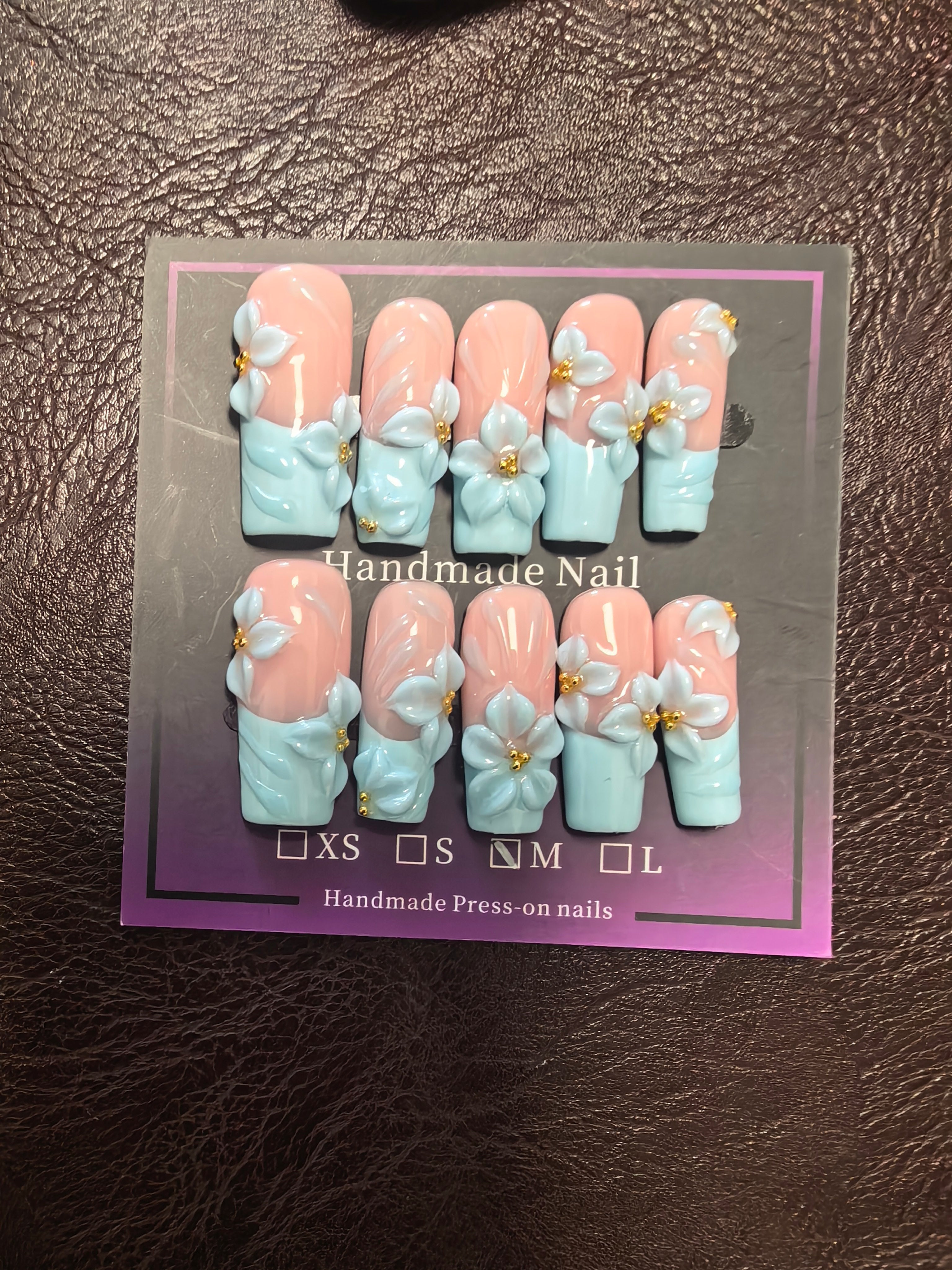 Hand Sculpted 3D White Flower Press On Nails | Pastel Blue French Tip Nude Coffin Fake Nails