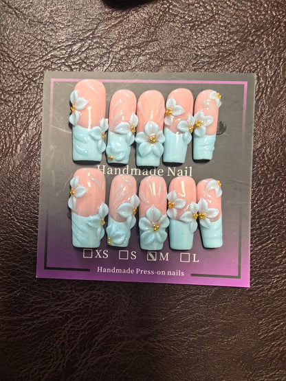 Hand Sculpted 3D White Flower Press On Nails | Pastel Blue French Tip Nude Coffin Fake Nails